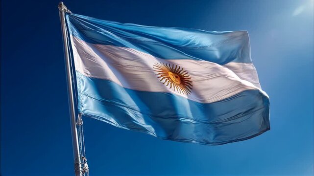 argentinian flag argentina waving in the wind at blue sky