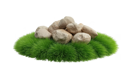 Pile of rocks on green grass isolated on transparent background for graphic design element