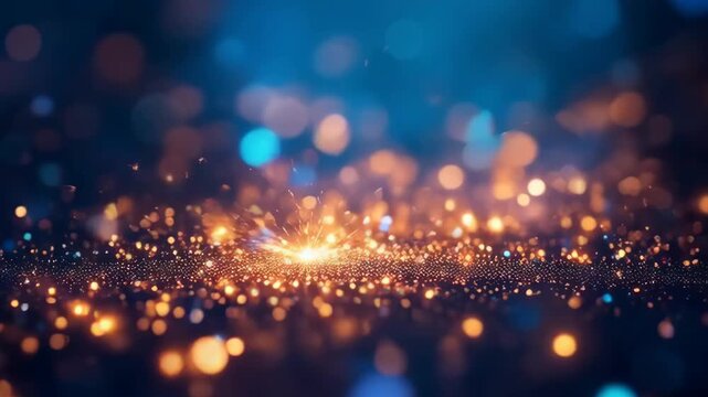 Abstract Background of Glowing Golden Sparks and Blue Bokeh Lights Illuminating the Dark with a Central Bright Flare