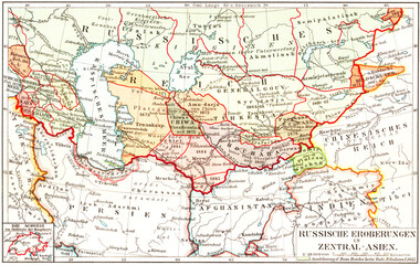 Obraz premium Map of the Russian Empire's conquests in Central Asia in the 19th century, old vintage illustration, 1897