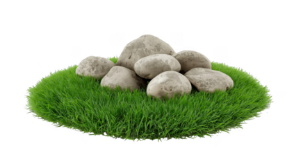 Pile of rocks on green grass isolated on transparent background for graphic design element