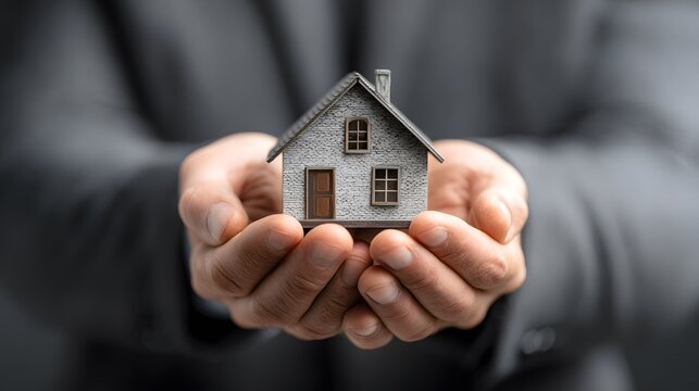 Businessman holding a small house model in protective hands, representing home insurance, property security, financial protection and responsible real estate management
