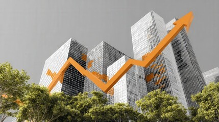 An upward trending orange arrow overlays sleek, modern buildings with an urban cityscape, symbolizing growth and progress. ..Created with Generative AI, not depicting real subjects.