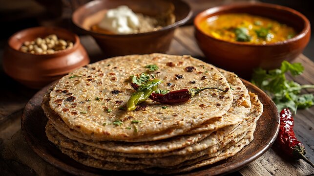 Stack of Bajra Roti with Accompaniments.