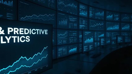 A modern data analytics dashboard showcasing KPI and predictive analytics with various graphs and charts in a high-tech environment. - Powered by Adobe
