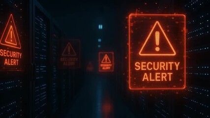 A dark server room illuminated by red security alerts, creating a dramatic atmosphere of cybersecurity and vigilance. - Powered by Adobe
