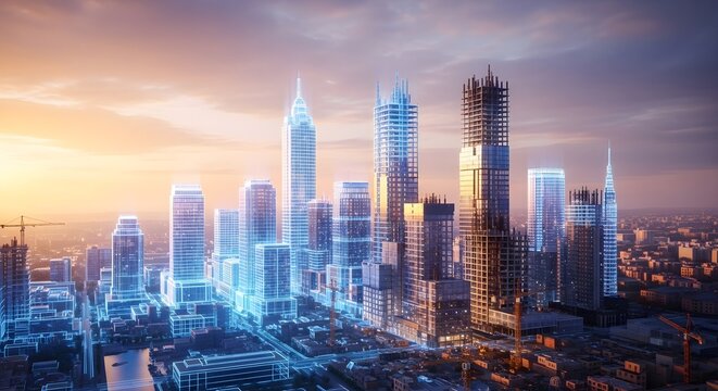 Futuristic Cityscape with Glowing Blue Wireframe Buildings at Sunset, Smart City Concept