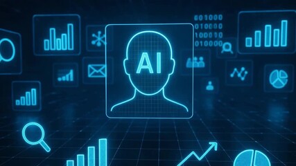 Futuristic AI interface displaying data analytics and visualizations in a digital environment. - Powered by Adobe