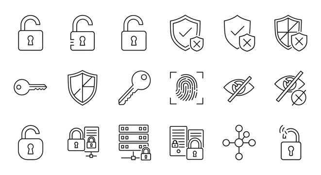 Line icons depicting security, protection, access, and connectivity on a clean, white background