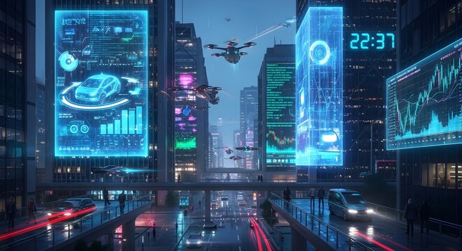 Futuristic city skyline at night with holographic displays showing car data, stock charts, and drones flying.