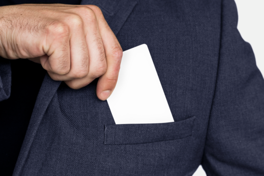 Business card png mockup, transparent design in businessman's pocket