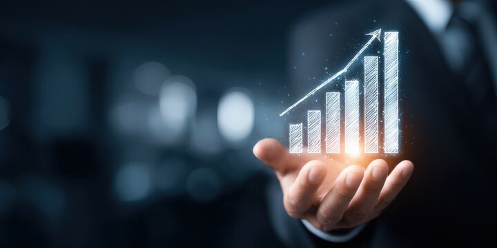 A businessman's hand cradles a glowing graph, symbolizing upward trajectory and business success. ..Created with Generative AI, not depicting real subjects.