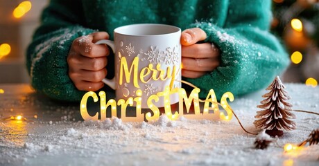 Hands hold mug, festive lights glow. Snowflakes decorate surface, small tree visible. Warm holiday scene evokes cozy feelings.