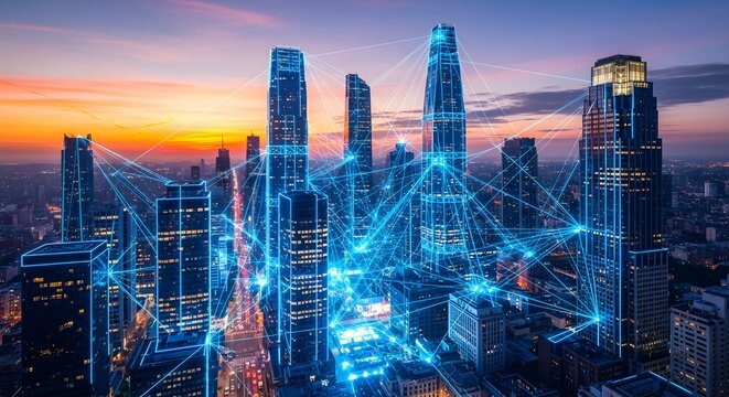 Futuristic Cityscape with Digital Network Connections at Dusk, Representing Smart City Technology and Global Connectivity - Powered by Adobe