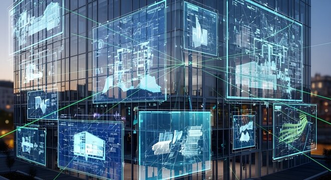Futuristic Smart City Architecture: Digital Blueprints & Network Connections on Modern Skyscraper Facade