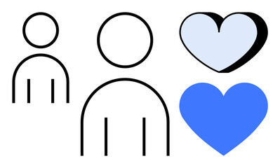 Two minimalist human figures with two hearts in blue and white, symbolizing relationships, care, and empathy. Ideal for love, teamwork, kindness, well-being, mental health social bonds simple flat