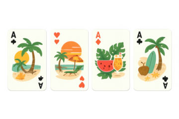 Four ace playing cards with summer beach vacation travel themes