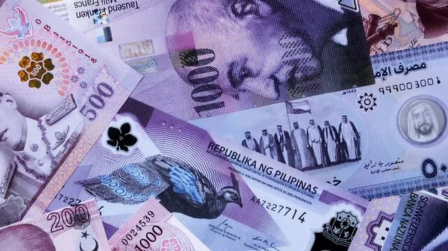 Money background, currency exchange, paper banknotes from different countries. Money cash currency