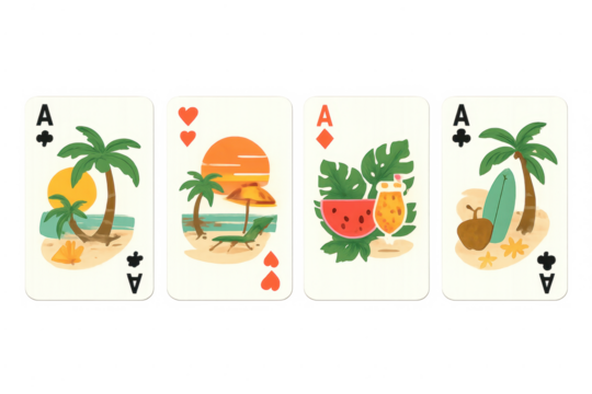 Four ace playing cards with summer beach vacation travel themes