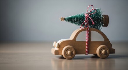A perfect representation of the holiday rush, the tiny wooden car carries its oversized load of a Christmas tree.