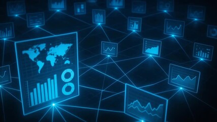 Visual representation of digital data analysis with interconnected graphs and world map in a futuristic blue design. - Powered by Adobe