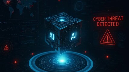 A futuristic representation of AI technology detecting cyber threats with glowing elements and digital interfaces. - Powered by Adobe