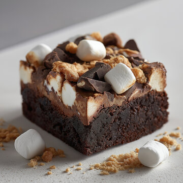 square brownie filled with mini marshmallows, chcolate chunks and graham craker pieces

