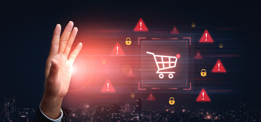 A security alert concept for e-commerce. This warning signifies a risk in an online shopping transaction, potential payment fraud, or a cybersecurity threat to the user. Fermion