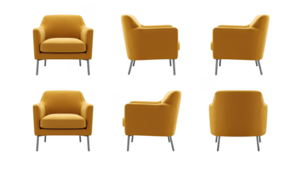 Elegant mustard yellow armchair in different views isolated on transparent background for furniture store