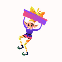 Christmas elf with big present. Santa Claus helper. Festive elf isolated on white background. Vector illustration.