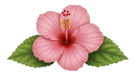 Delicate pink hibiscus flower detailed illustration with green leaves transparent background