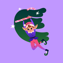 Christmas elf with spruce branch, candy cane and stars. Santa Claus helper. Festive elf isolated on purple background. Vector illustration.