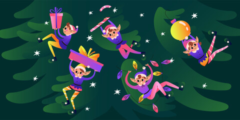 Elves decorate the Christmas tree, prepare gifts, garland and candy cane. Santa Claus helpers. Festive elves on green horizontal background. Vector illustration.