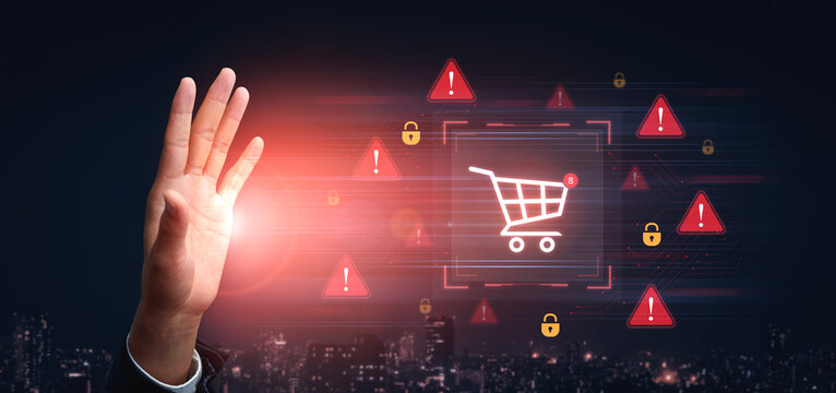 A security alert concept for e-commerce. This warning signifies a risk in an online shopping transaction, potential payment fraud, or a cybersecurity threat to the user. Fermion - Powered by Adobe