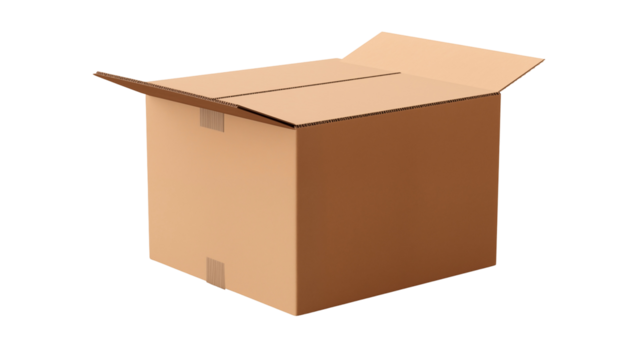 Open cardboard box, ready for shipping, isolated on transparent background, moving, or storage, offering a blank canvas for branding and product presentation - Powered by Adobe