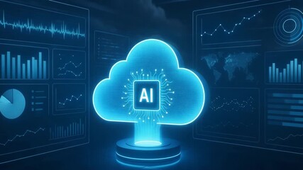 A futuristic cloud symbolizing AI analytics with data visualization charts in the background, representing advanced technology. - Powered by Adobe