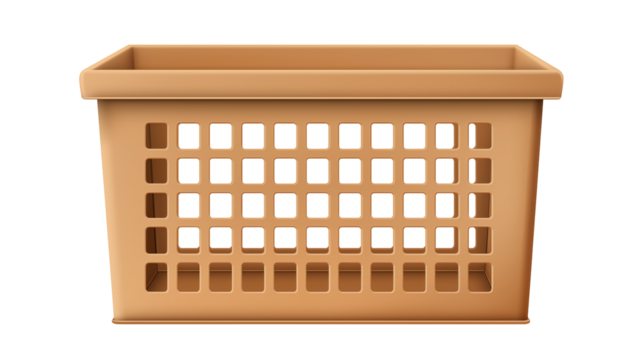 A tan plastic basket with a grid pattern, isolated on transparent background, perfect for organizing, storing, or carrying items, showcasing its simple design