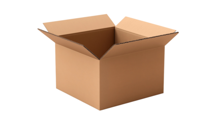 An open, empty cardboard box, isolated on transparent background, ready for packing, moving, or storage, showcasing its simple design and practical functionality