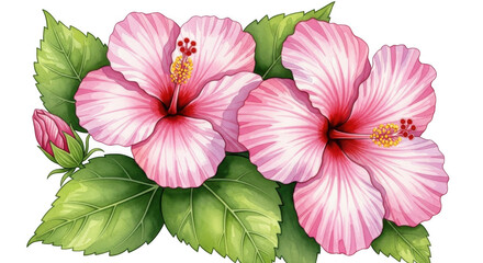 Fototapeta premium Delicate pink hibiscus flowers bloom with green leaves against a transparent background