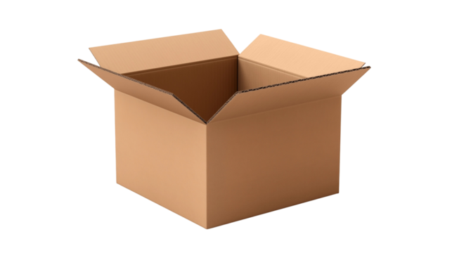 An open, empty cardboard box, isolated on transparent background, ready for packing, moving, or storage, showcasing its simple design and practical functionality