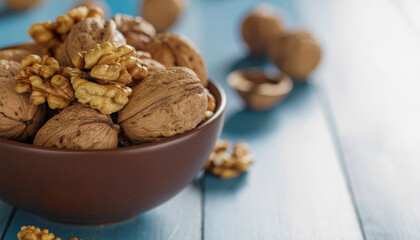 Walnut on a blue wooden table