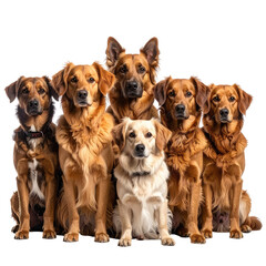 Group of dogs, varied breeds, seated together, looking at the viewer