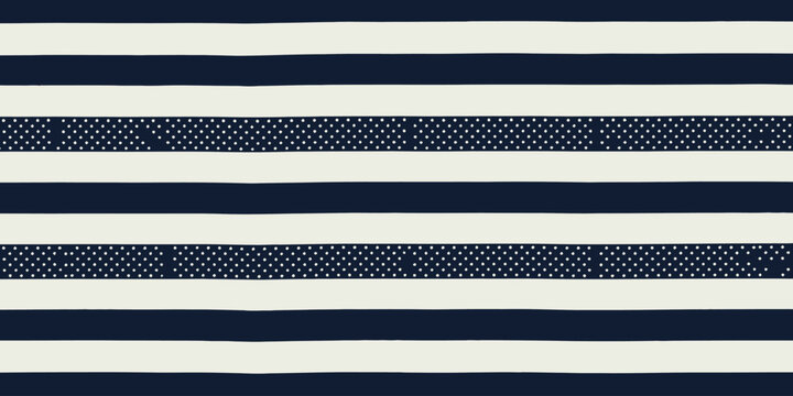 A pattern of alternating navy blue and white stripes with polka dot stripes in between them all over