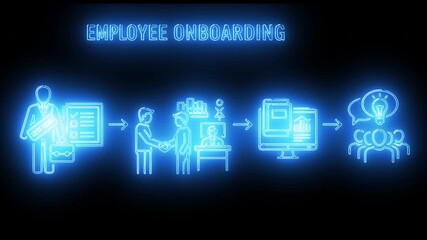 Employee onboarding workflow with HR steps including registration, verification, document submission, approval phases, and digital processing in neon interface