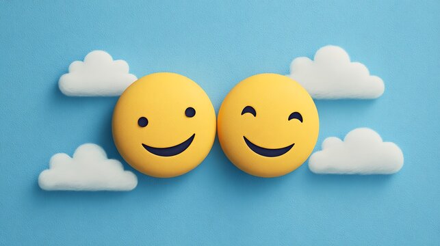 Two smiling face emojis on a blue background with white clouds.
