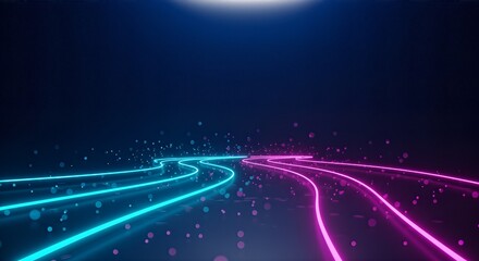 Obraz premium Dynamic neon light trails illuminate abstract digital pathways through futuristic cyberspace, creating a vibrant, energetic flow for technology and innovation themes.