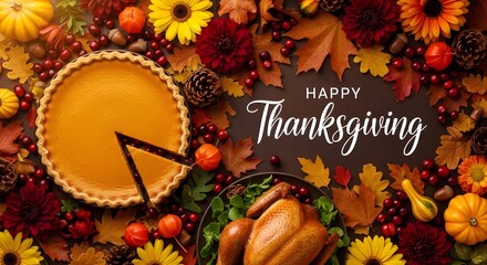 Happy Thanksgiving Day. A warm celebration of gratitude and harvest, featuring festive foods, autumn leaves, and seasonal abundance.