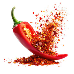 Sliced red chili pepper with seeds exploding in the air