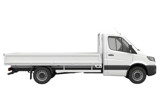 "White Flatbed Truck Side View Commercial Delivery Vehicle Mockup Isolated on Transparent Background PNG"