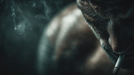 A man smokes a cigarette, exuding an air of intense contemplation. The image is captured with a dramatic, low-key lighting. ..Created with Generative AI, not depicting real subjects.